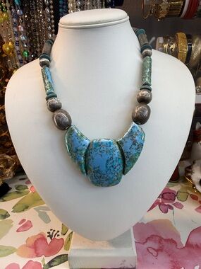 Vintage Japan Ceramic 15” Bead Necklace: Aqua, Gold, and Silver Tone, 1950s